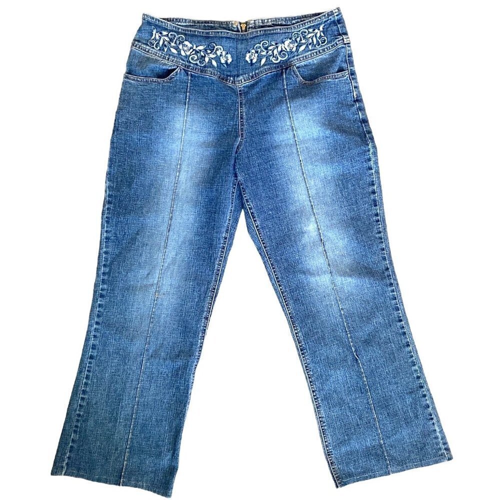 Vintage Y2K Floral Embroidered‎ Mid Waist Jeans cropped Denim Pants Women 10